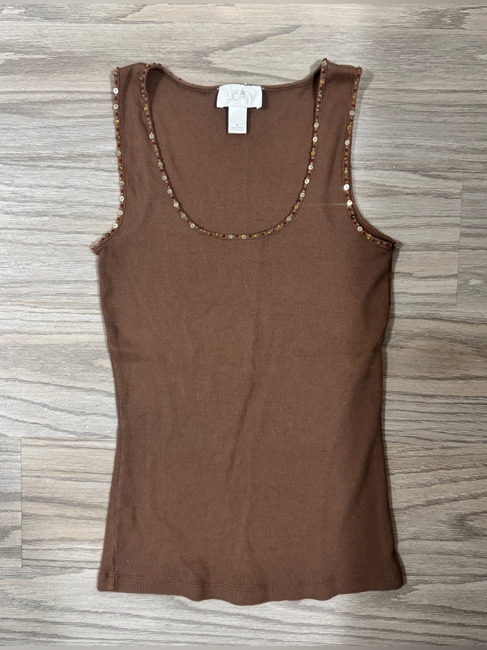 LOFT Brown Ribbed Tank Top Cami Embellished Trim Scoop Neck Y2K Boho S